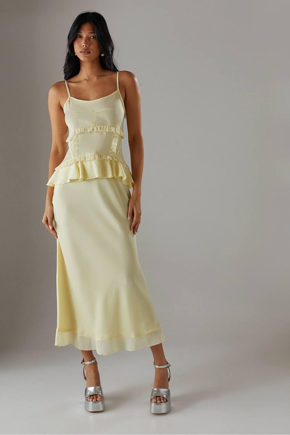 Warehouse Satin Strappy Seam Detail Peplum Midi Dress in Yellow | Lyst