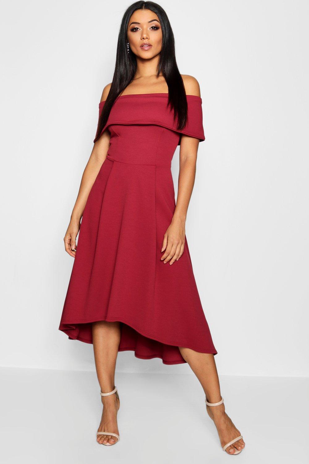 red off the shoulder dress boohoo