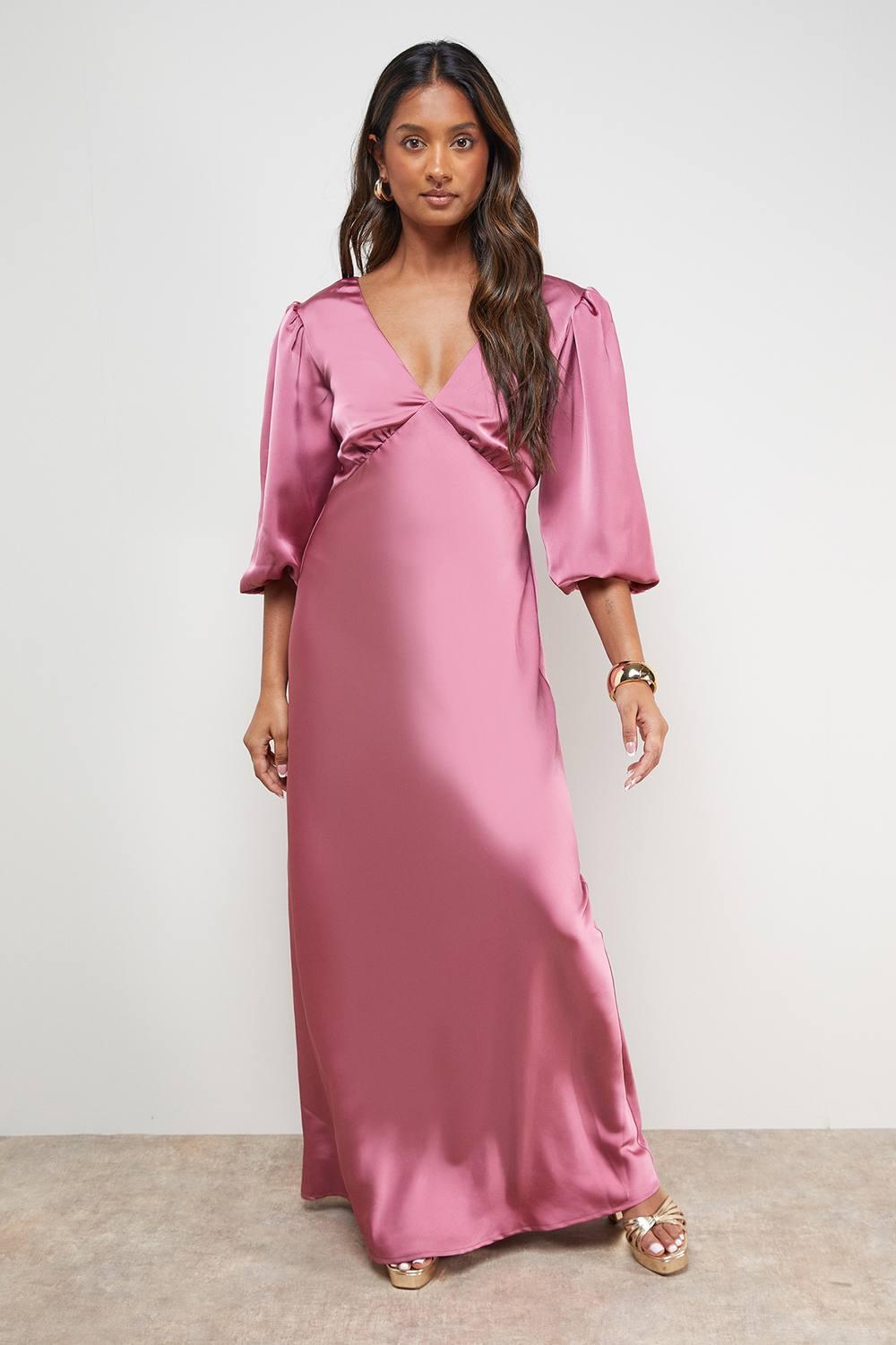 oasis satin dress Oasis Women's Satin Puff Sleeve V Neck Fishtail Maxi Dress in Champagne | Size: 6