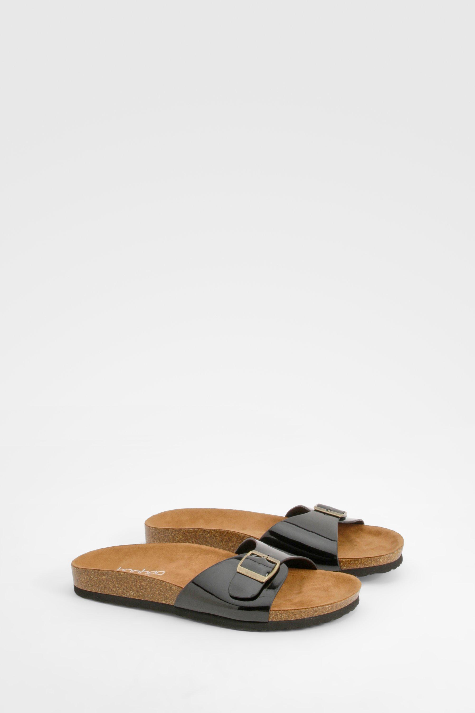 Black footbed sliders deals