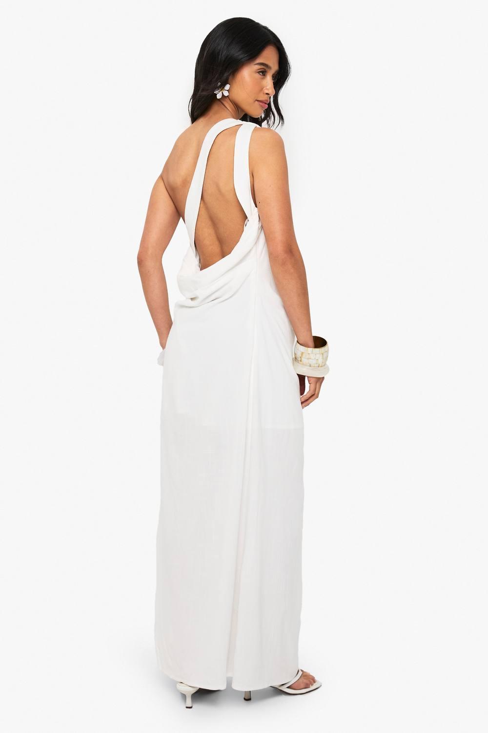Boohoo Petite Linen Look Drape Strap Back Maxi Dress in White | Lyst