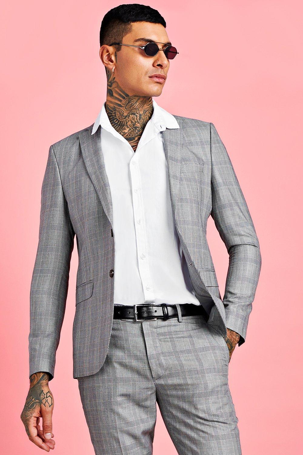 Boohoo Smart Check Skinny Fit Suit Jacket in Gray for Men ...