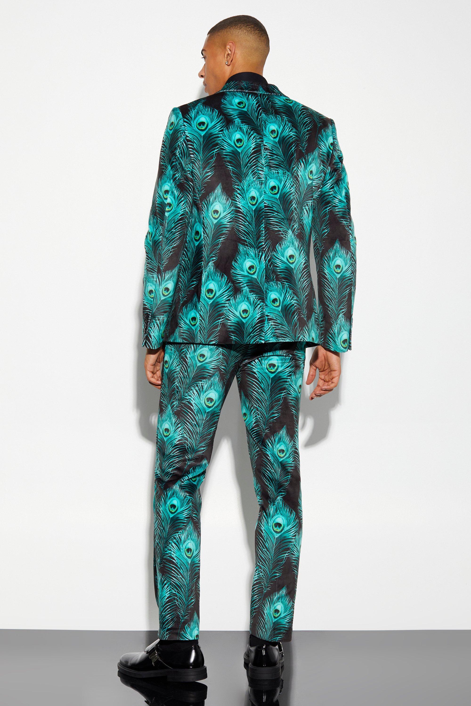 Boohoo Slim Fit Printed Velour Suit Trouser in Green for Men | Lyst