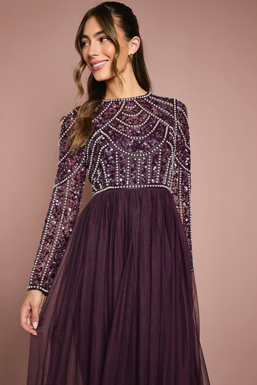 Coast Honoured Long Sleeve Sequin Bodice Tulle Skirt Maxi Bridesmaid Dress  in Purple | Lyst