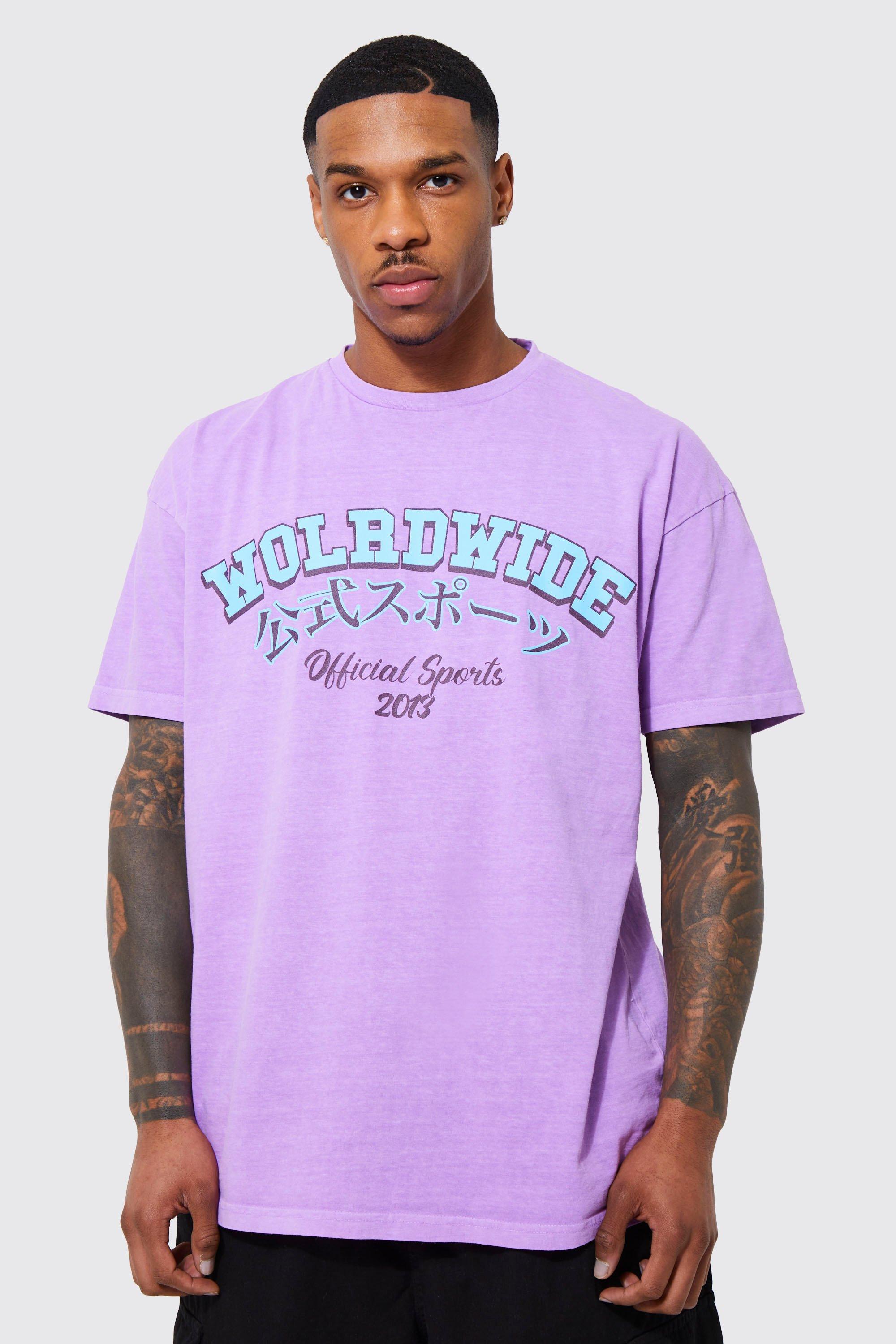 BoohooMAN Oversized Overdye Worldwide Varsity T-shirt in Purple for Men ...