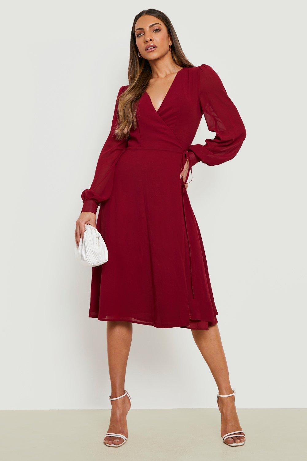 Boohoo Chiffon Wrap Long Sleeve Midi 