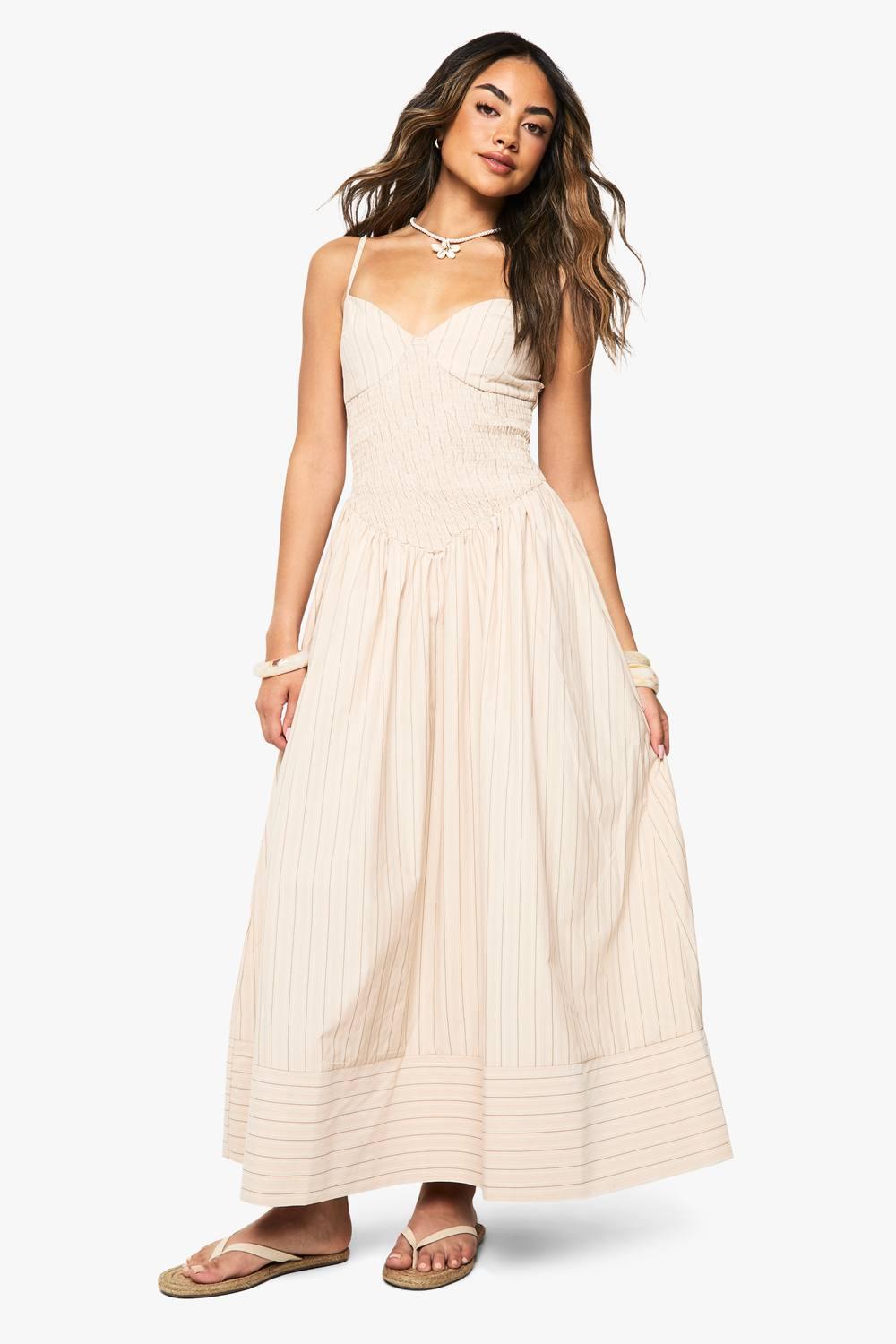 chinese dress ladies Spaghetti Straps Stripe Maxi Dress White - Navy Blue