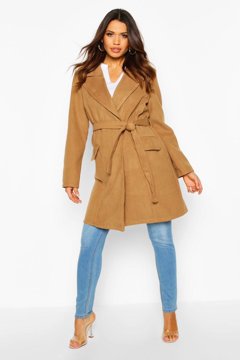 boohoo hooded wool look belted coat