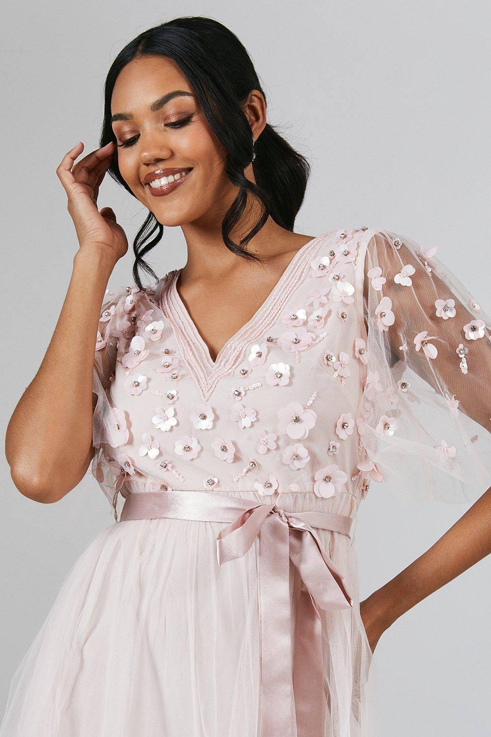 Coast Pink Floral Wrap Dress Hot Pink Coast Long Sleeve Wrap Waist  Embellished Floral Maxi