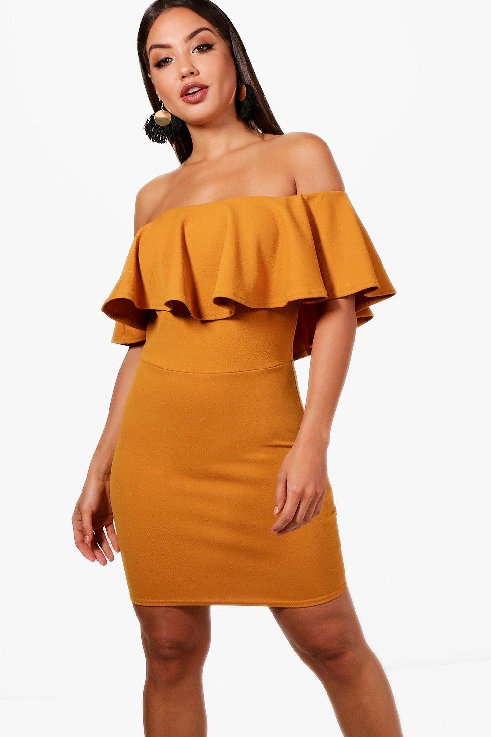 orange off the shoulder bodycon dress