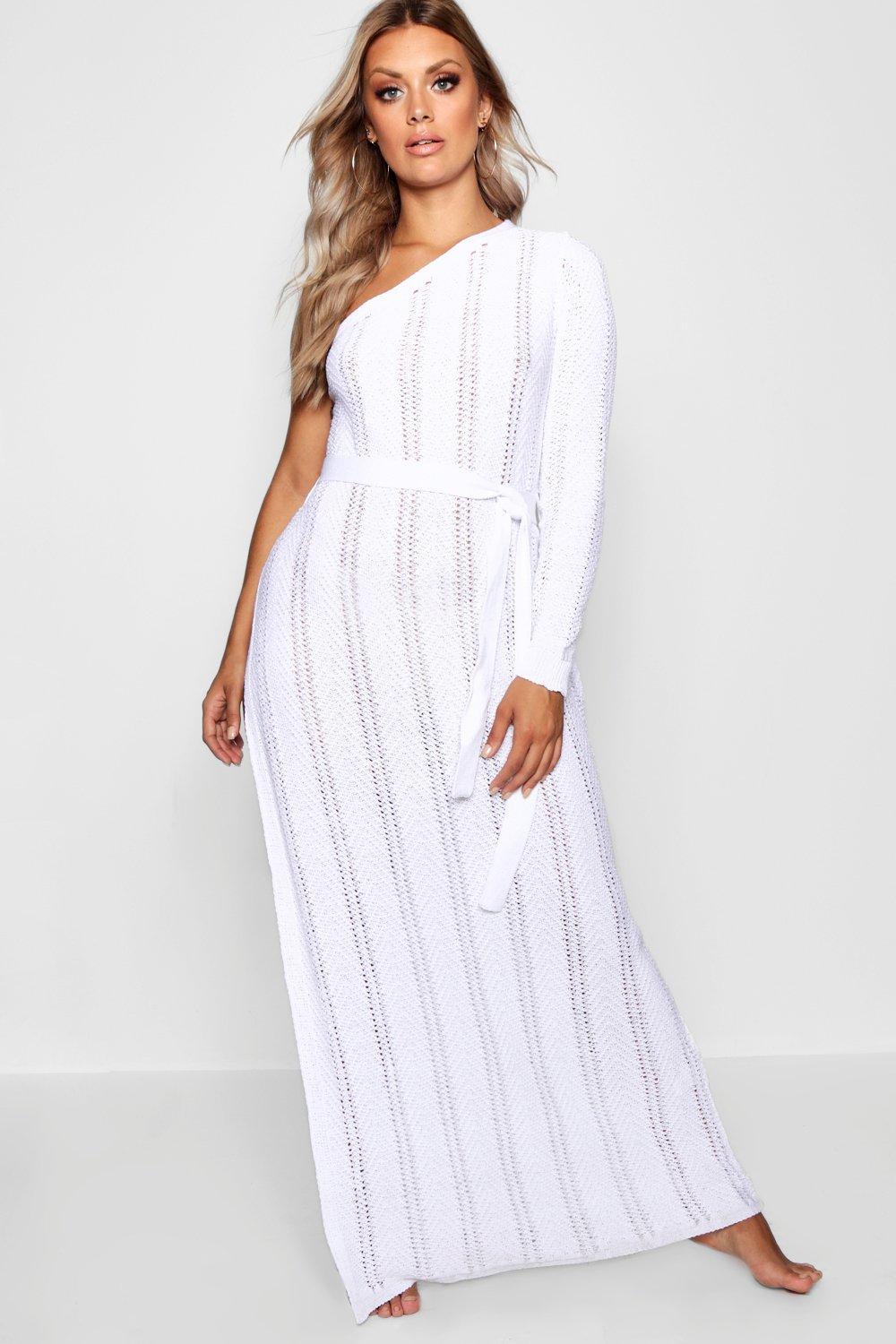 white crochet one shoulder dress