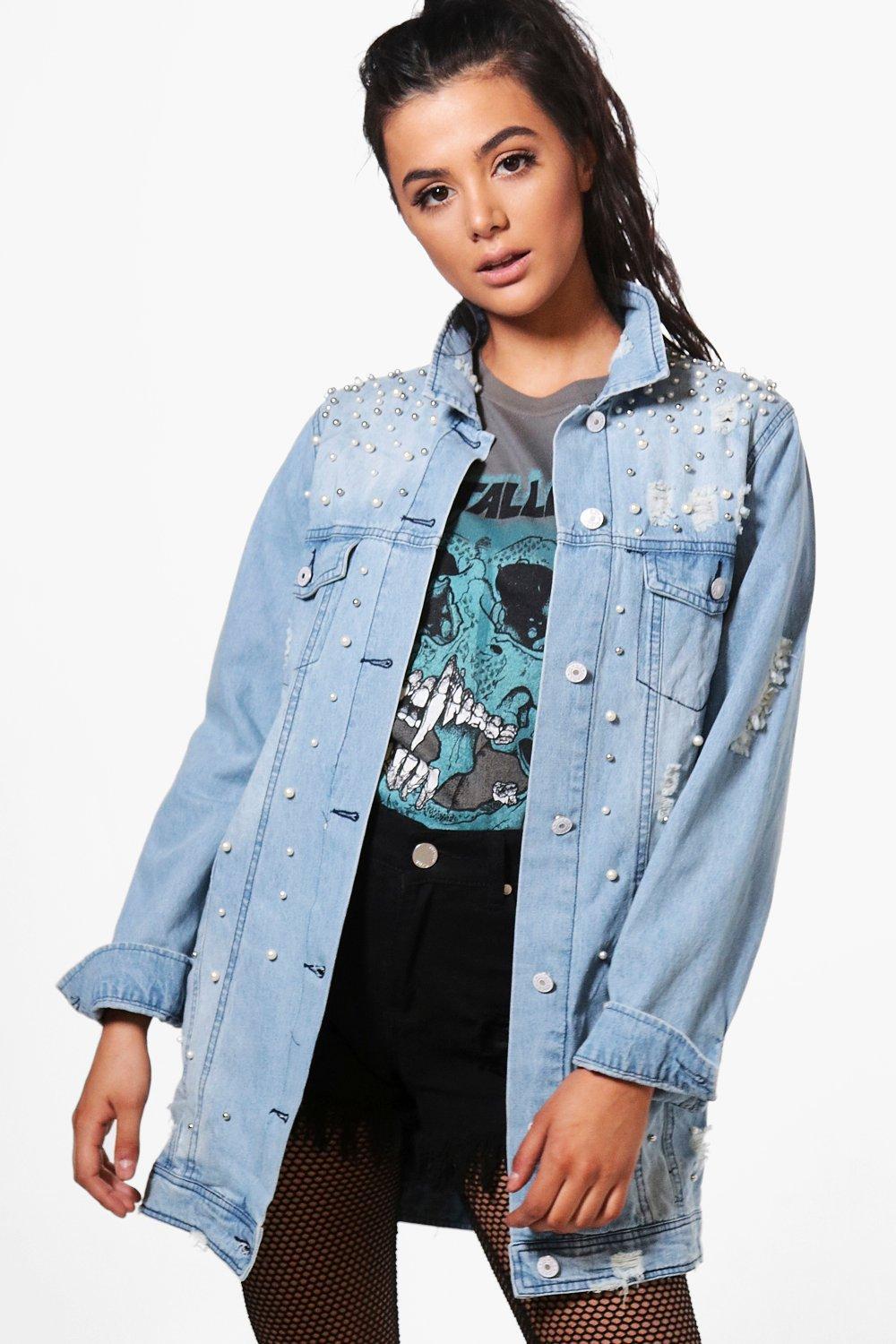 distressed denim jacket with pearls