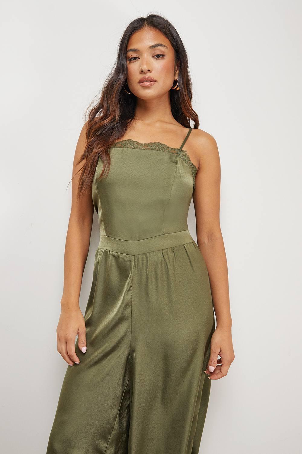 Warehouse Petite Satin Lace Trim Elasticated Cuff Strappy Jumpsuit in Green | Lyst Warehouse Petite Satin Lace Trim Elasticated Cuff Strappy Jumpsuit in Green | Lyst