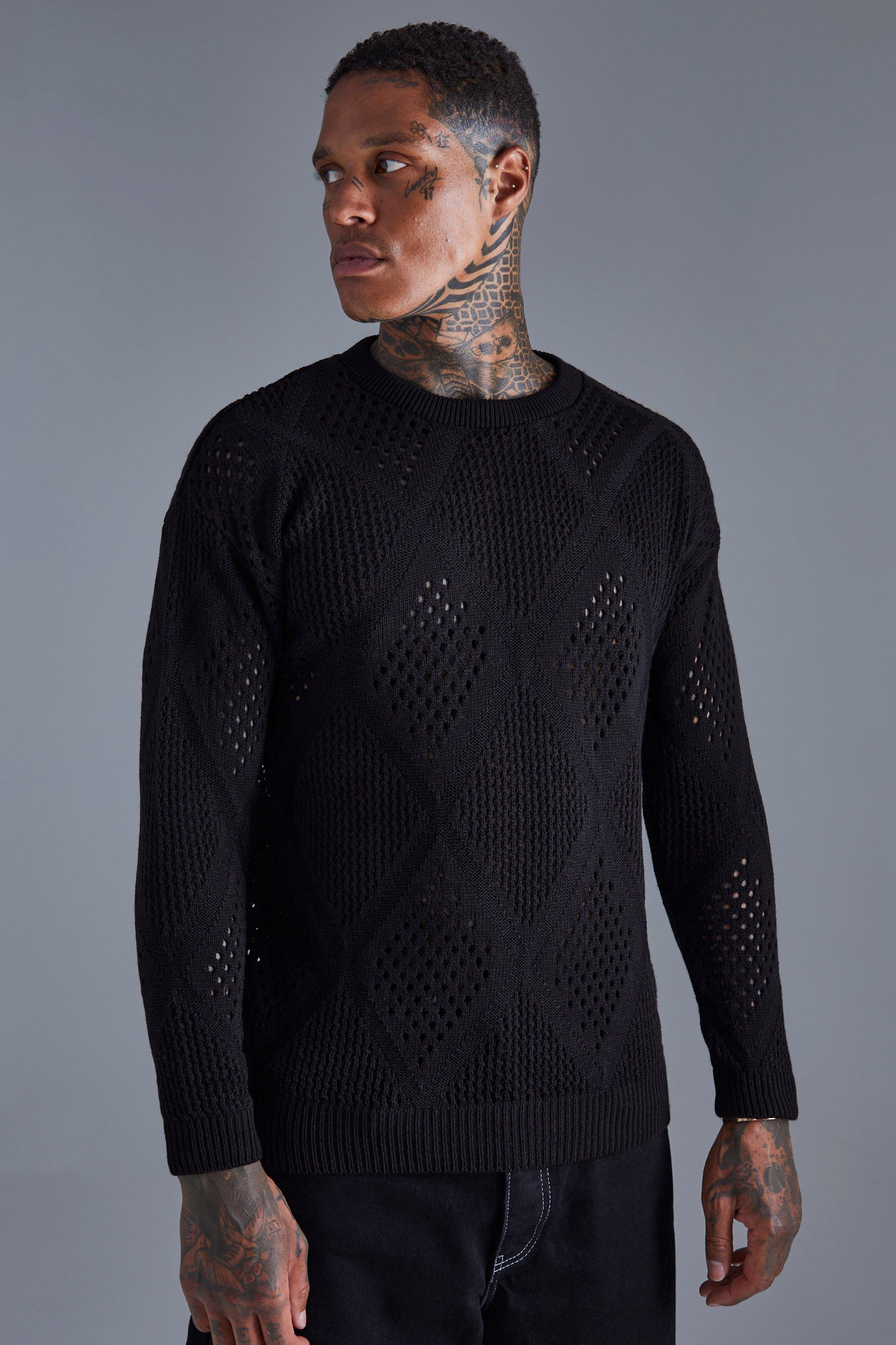Boohoo Diamond Open Stitch Crew Neck Knitted Jumper in Blue for Men | Lyst