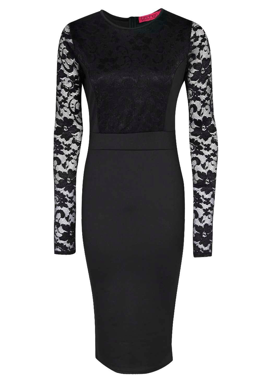 Boohoo Lace Long Sleeve Bodycon Midi Dress in Black - Lyst