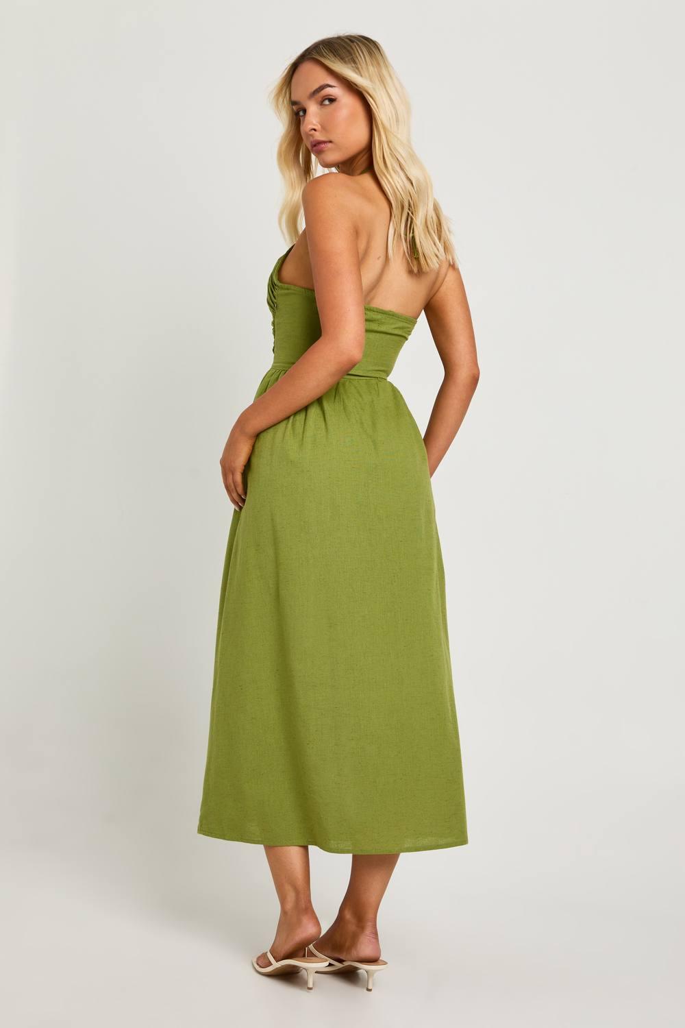halterneck open back detail textured midaxi dress in green woven Halterneck Open Back Detail Textured Midaxi Dress In Green Woven | EGO US