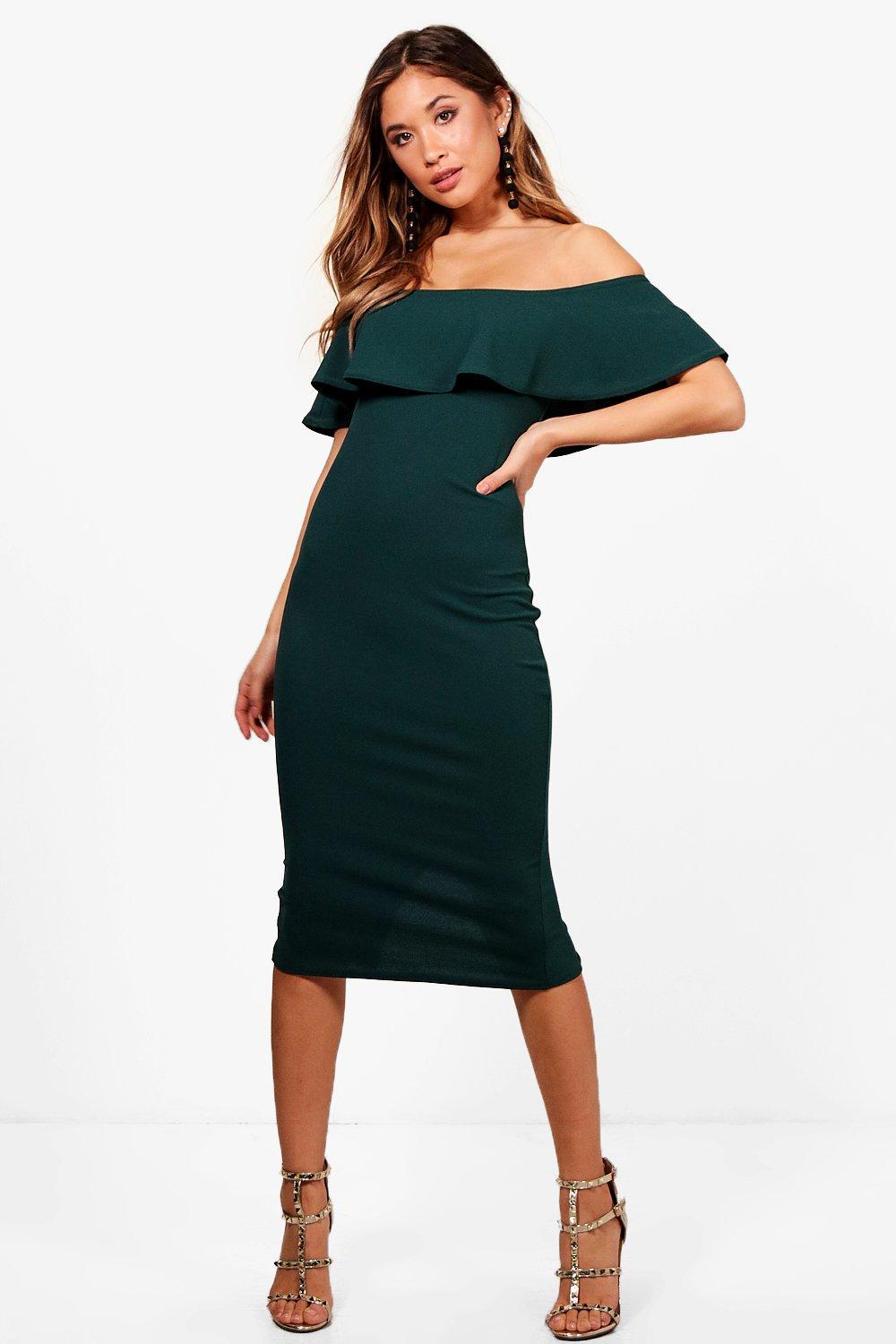green off the shoulder midi dress