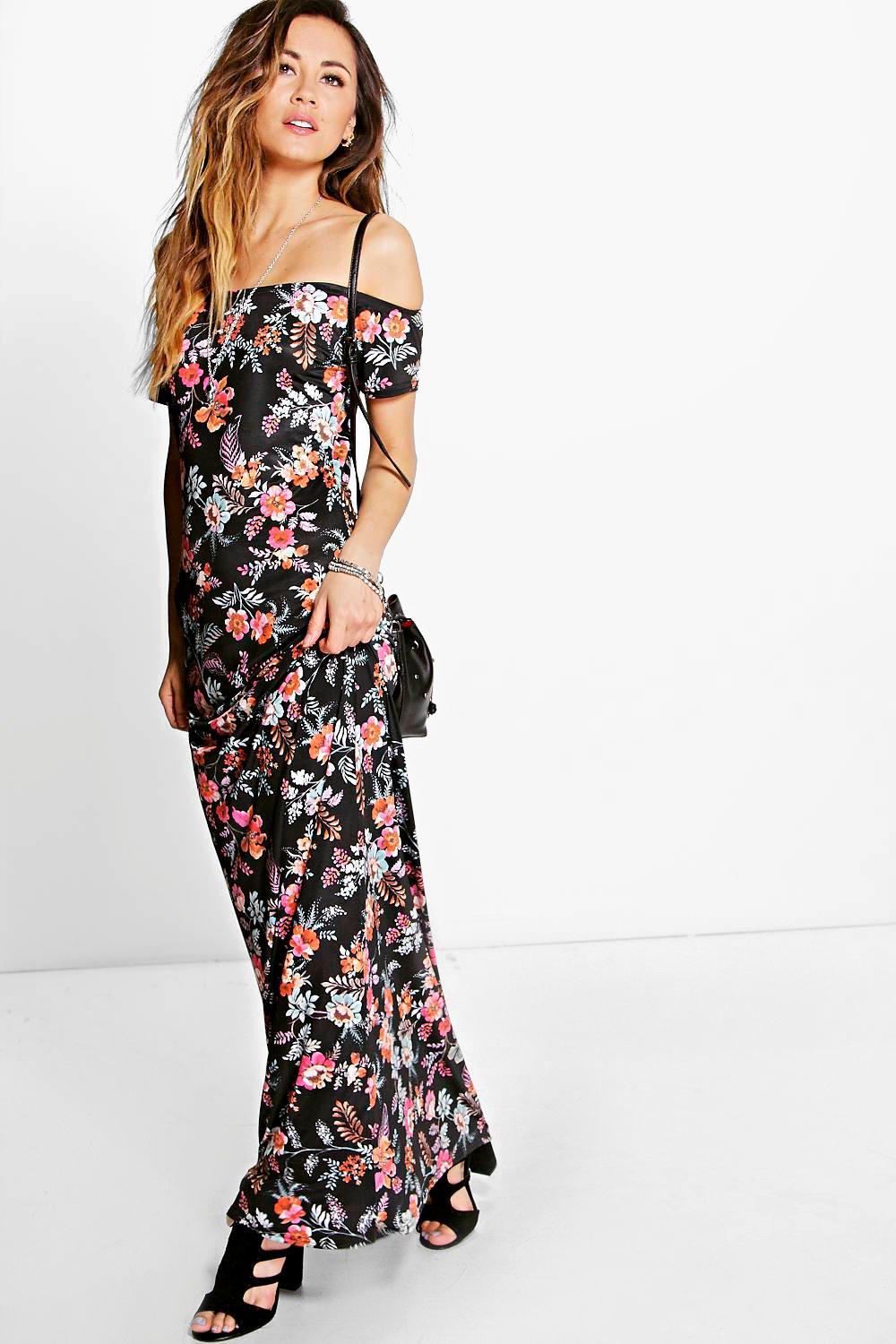 black floral off the shoulder maxi dress
