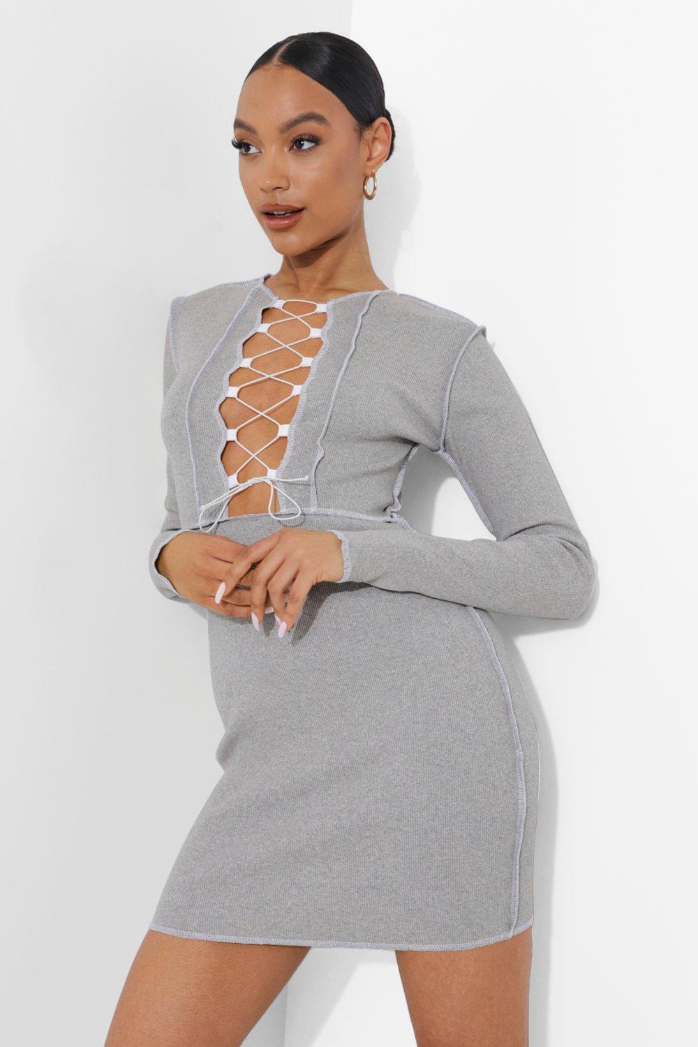 Boohoo Exposed Seam Lace Up Mini Dress in Grey (Gray) - Lyst