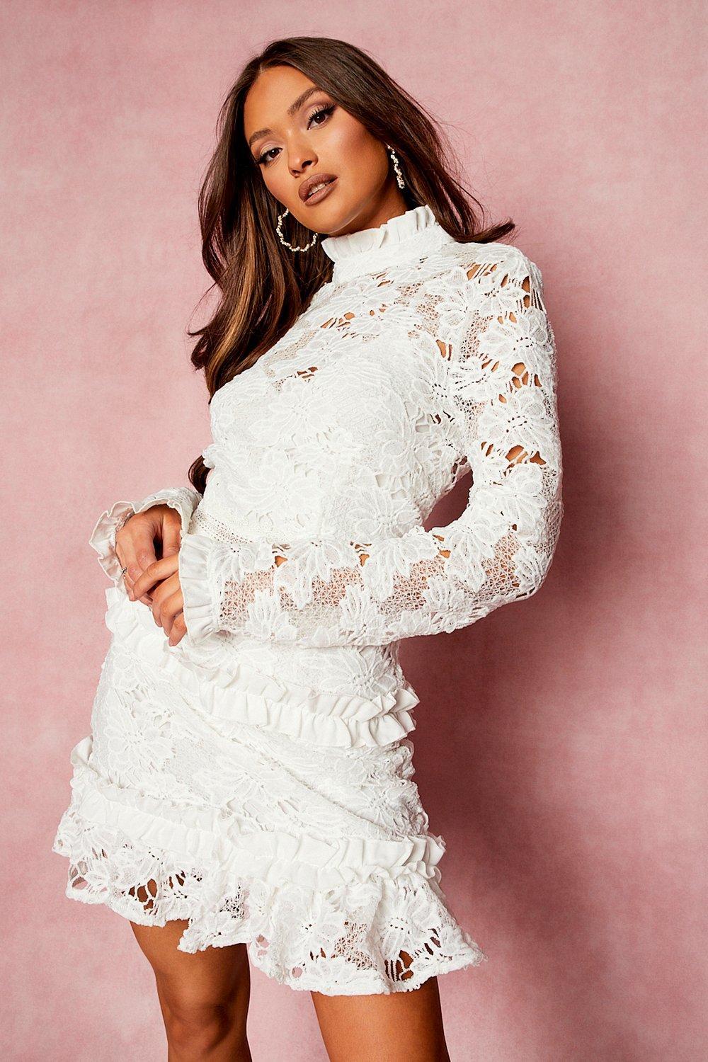Boohoo Lace High Neck Long Sleeve Tiered Mini Dress in White | Lyst