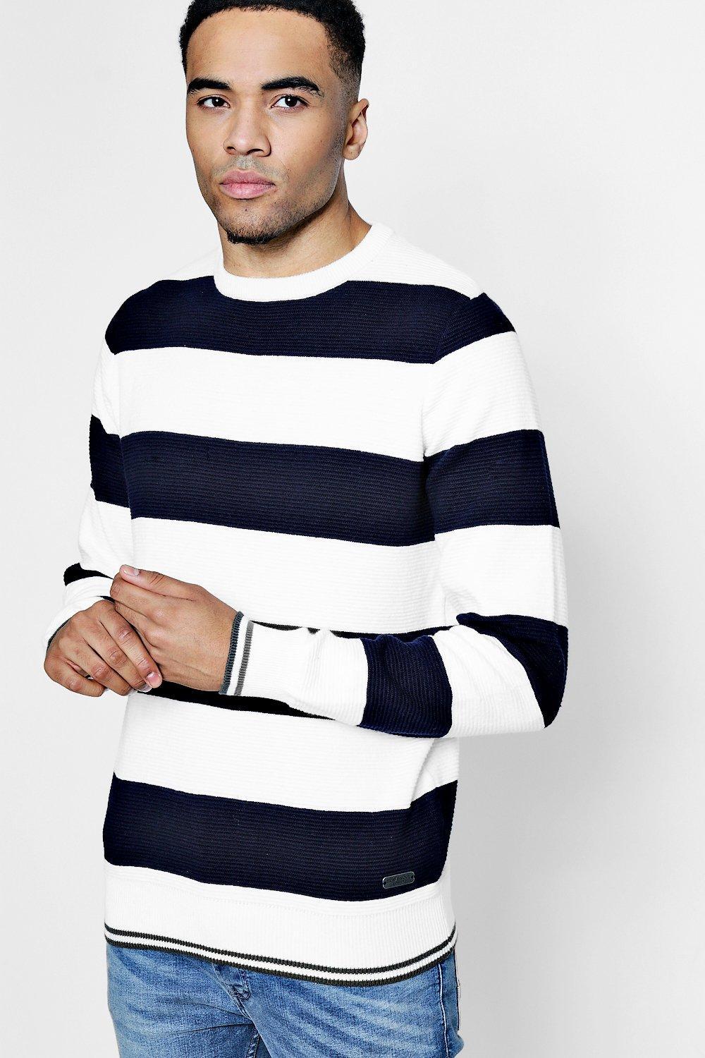 HTOOHTOOH Mens Knitted Winter Round Neck Knitwear Stripe Slim Pullover Sweaters
