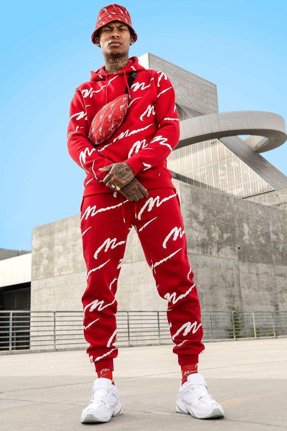 all over man printed hooded tracksuit red