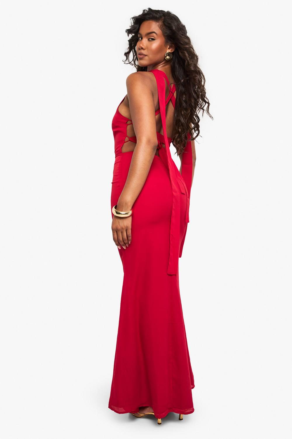Boohoo Chiffon Scarf Detail Lace Up Back Maxi Dress in Red | Lyst Boohoo Chiffon Scarf Detail Lace Up Back Maxi Dress in Red | Lyst