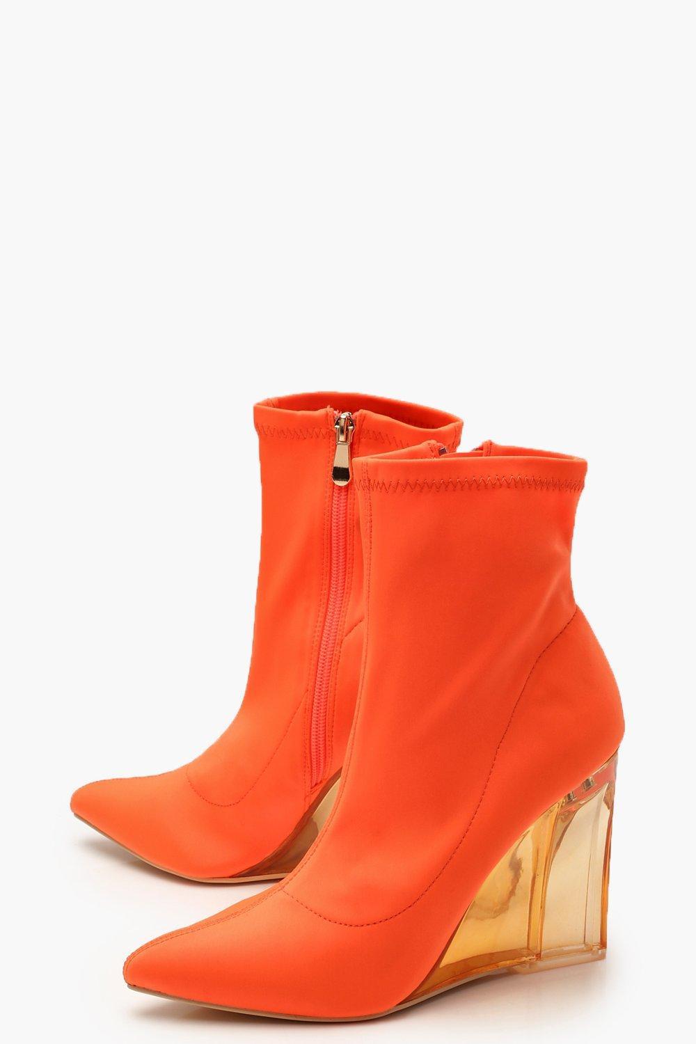 Boohoo Neon Clear Wedge Sock Boots in Orange | Lyst