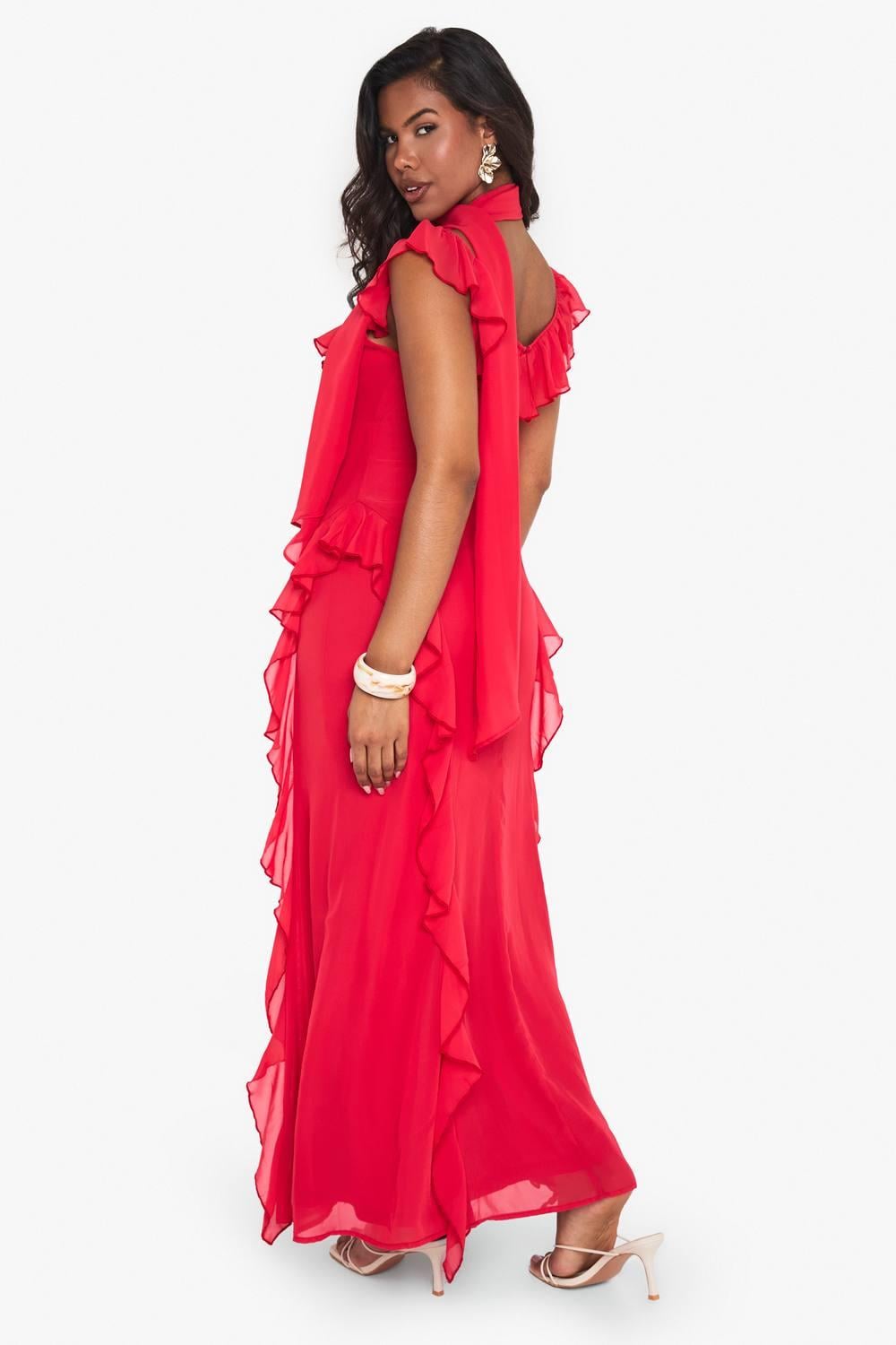 red chiffon skater dress boohoo Women's Plus Chiffon Ruffle Off-Shoulder Skater Dress in Malbec