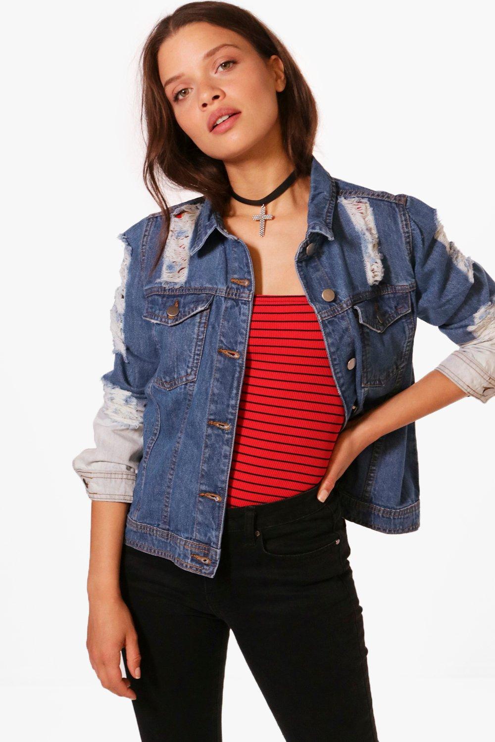 Download Boohoo Edna Ombre Shredded Back Denim Jacket in Mid Blue ...