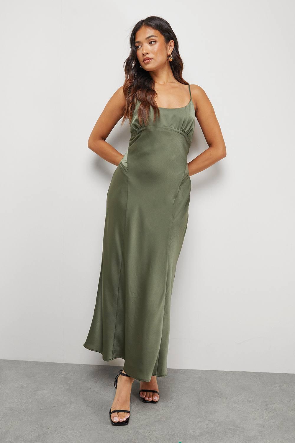 warehouse green silk dress Petite Satin Tie Bust Seam Strappy Midi Slip in labordaysaleincluded