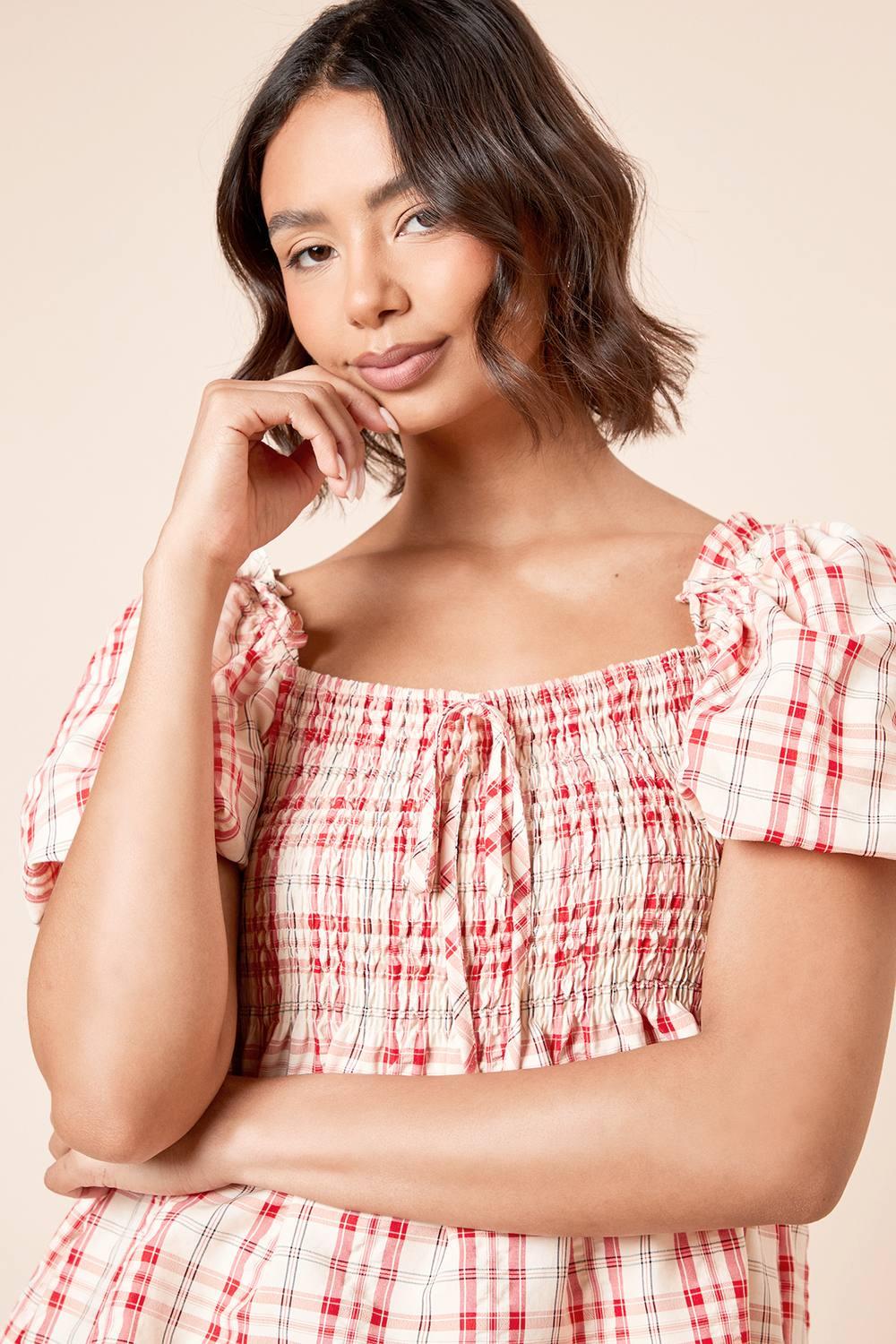 Dorothy Perkins Gingham Babydoll Blouse in Red | Lyst