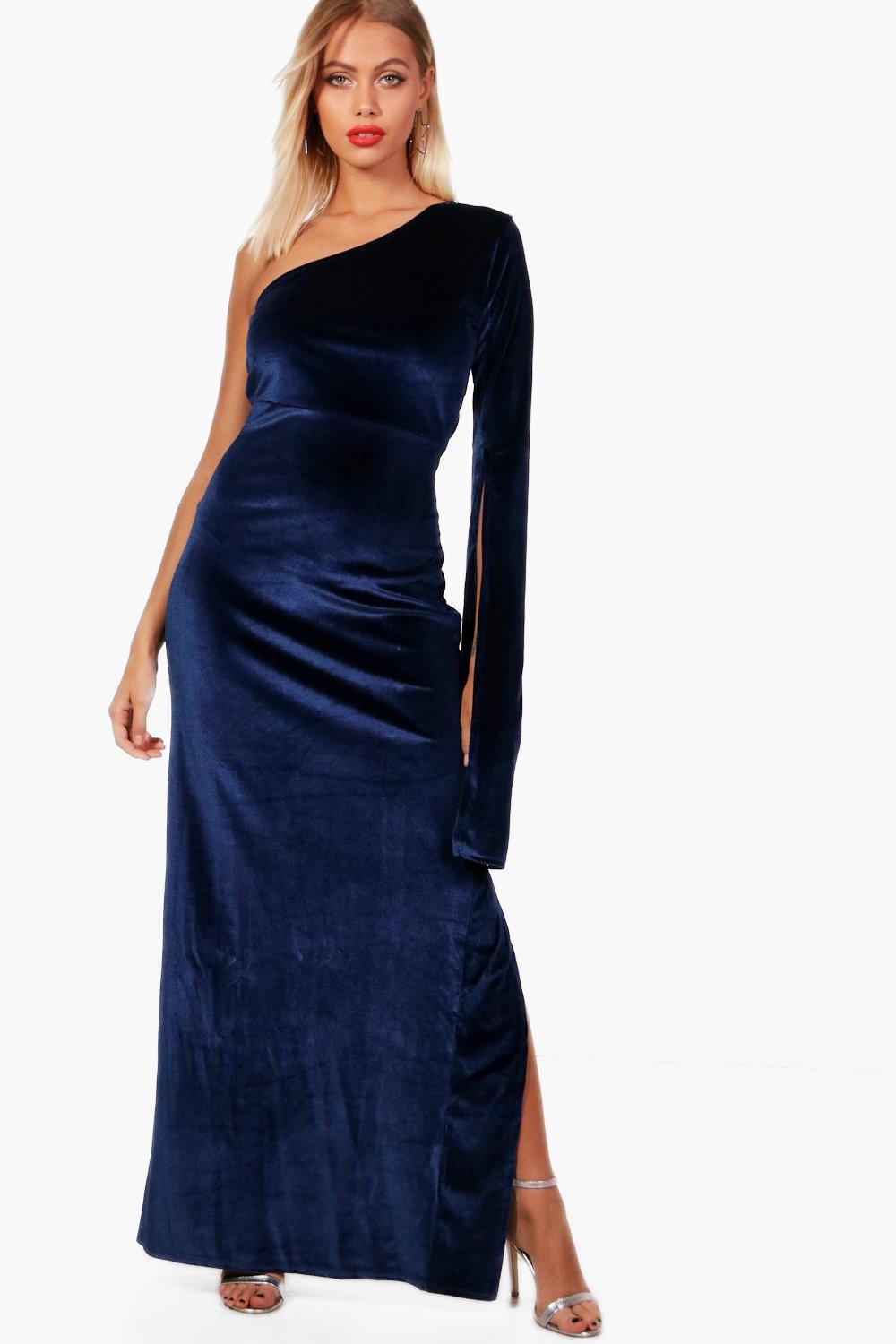 navy one shoulder maxi dress