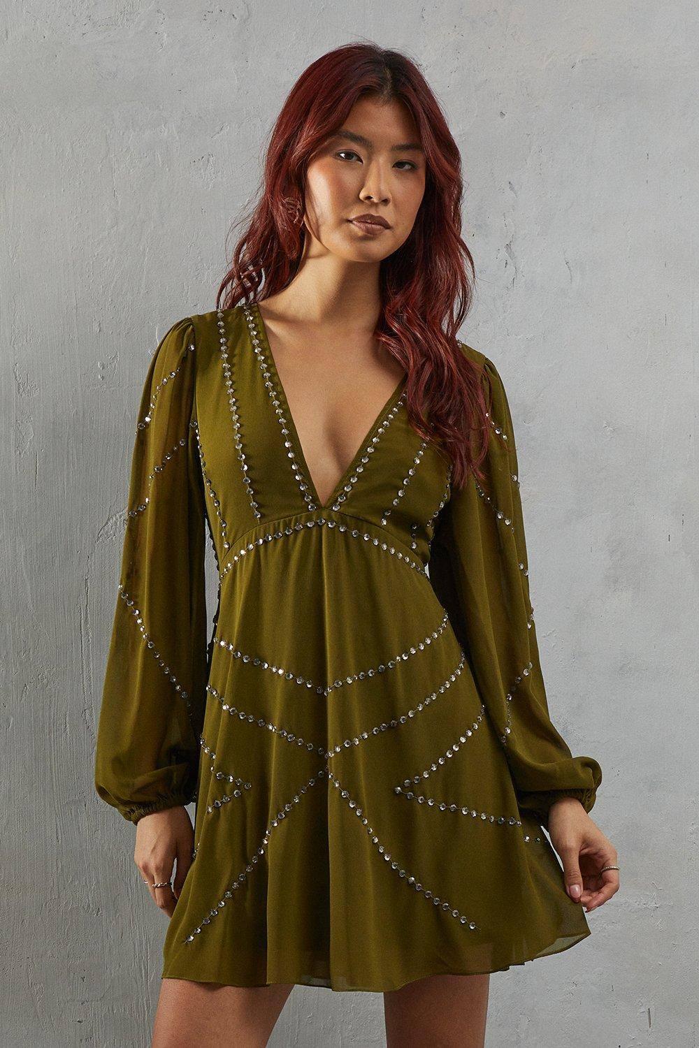 warehouse green sequin dress Green Warehouse Hand Embellished Sequin Swirl Strappy Back Cowl Bias Midi  Dress