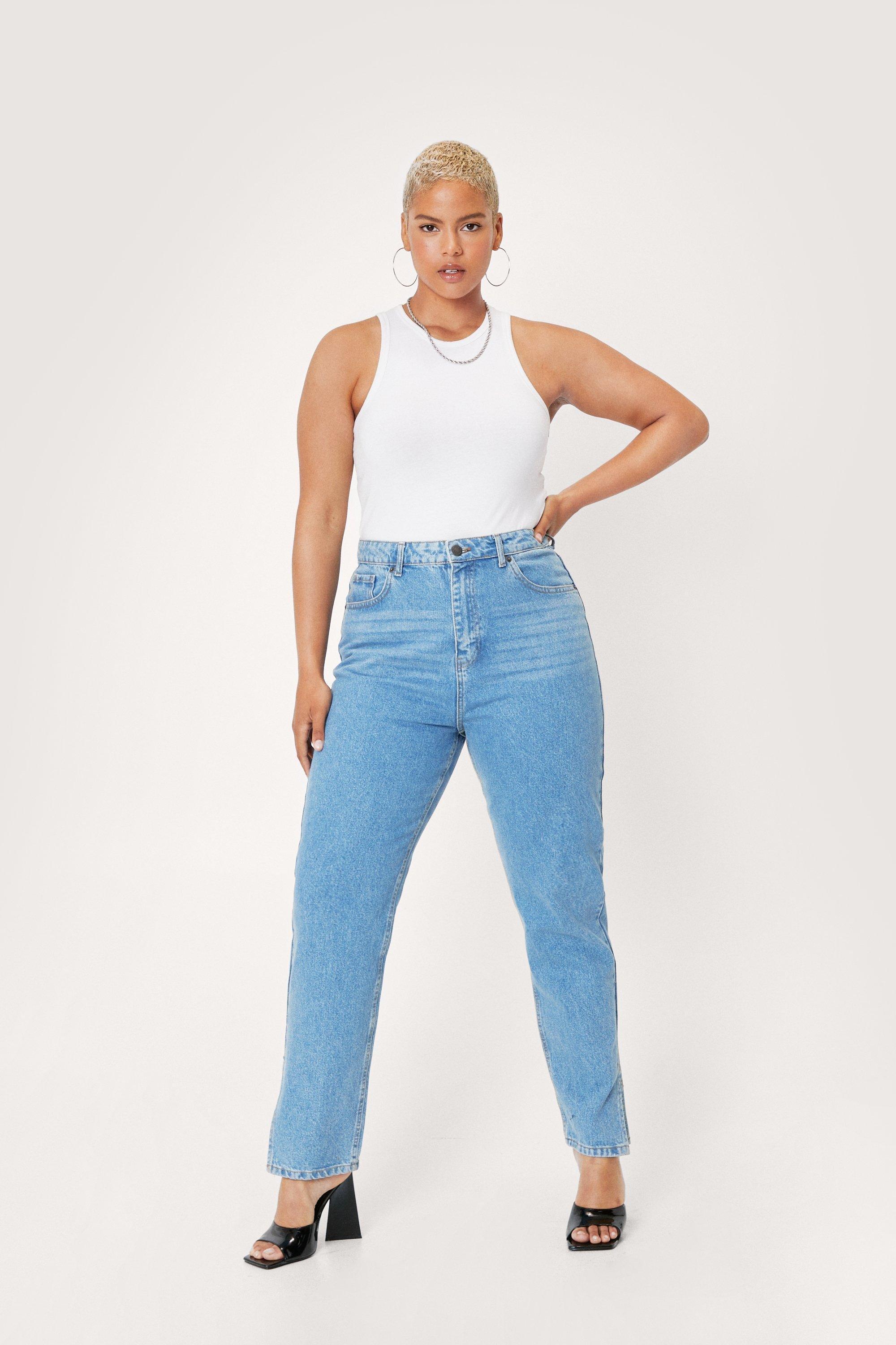 Boohoo Plus Size Organic Denim Split Hem Mom Jeans in Blue | Lyst