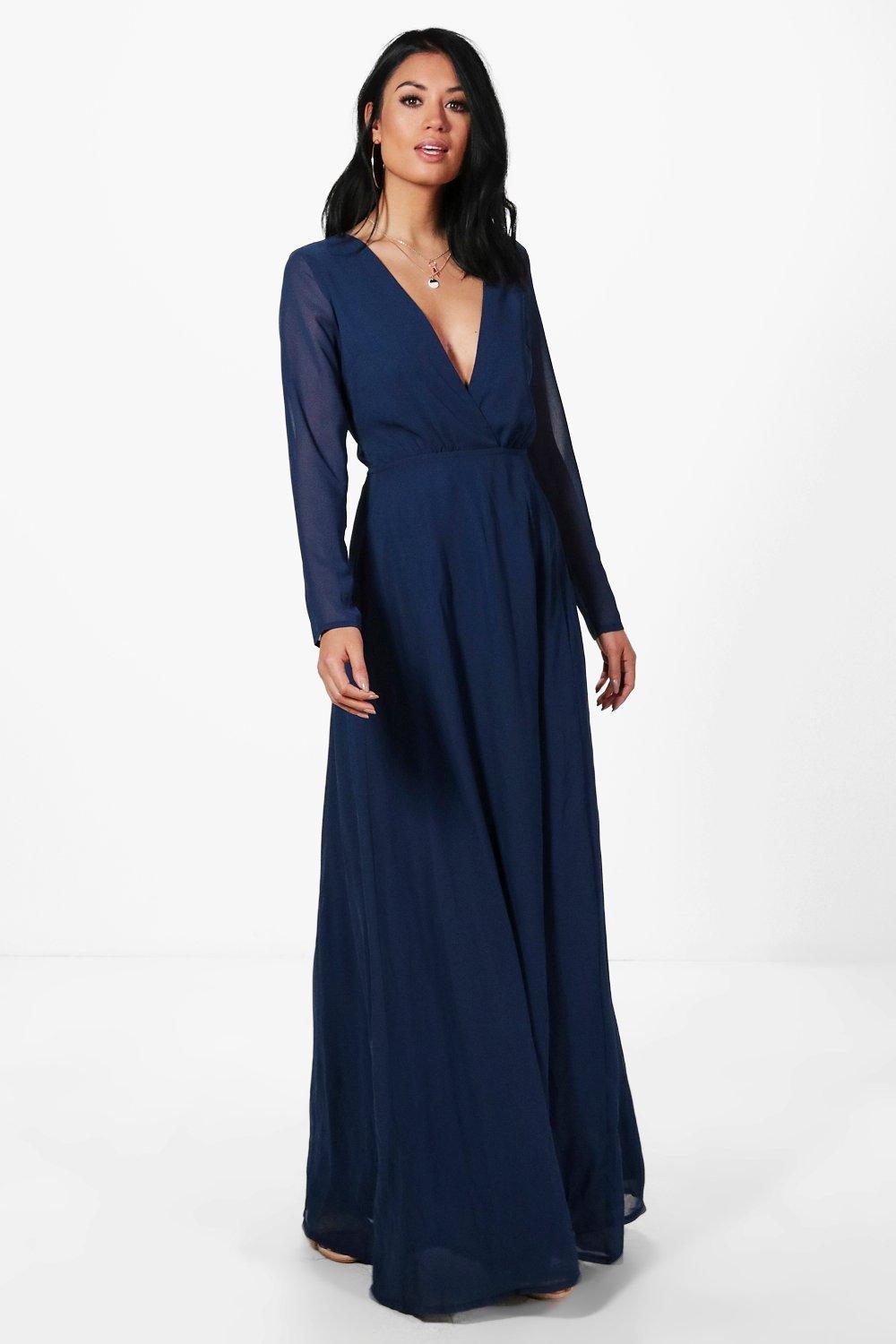 long sleeve chiffon maxi wrap dress