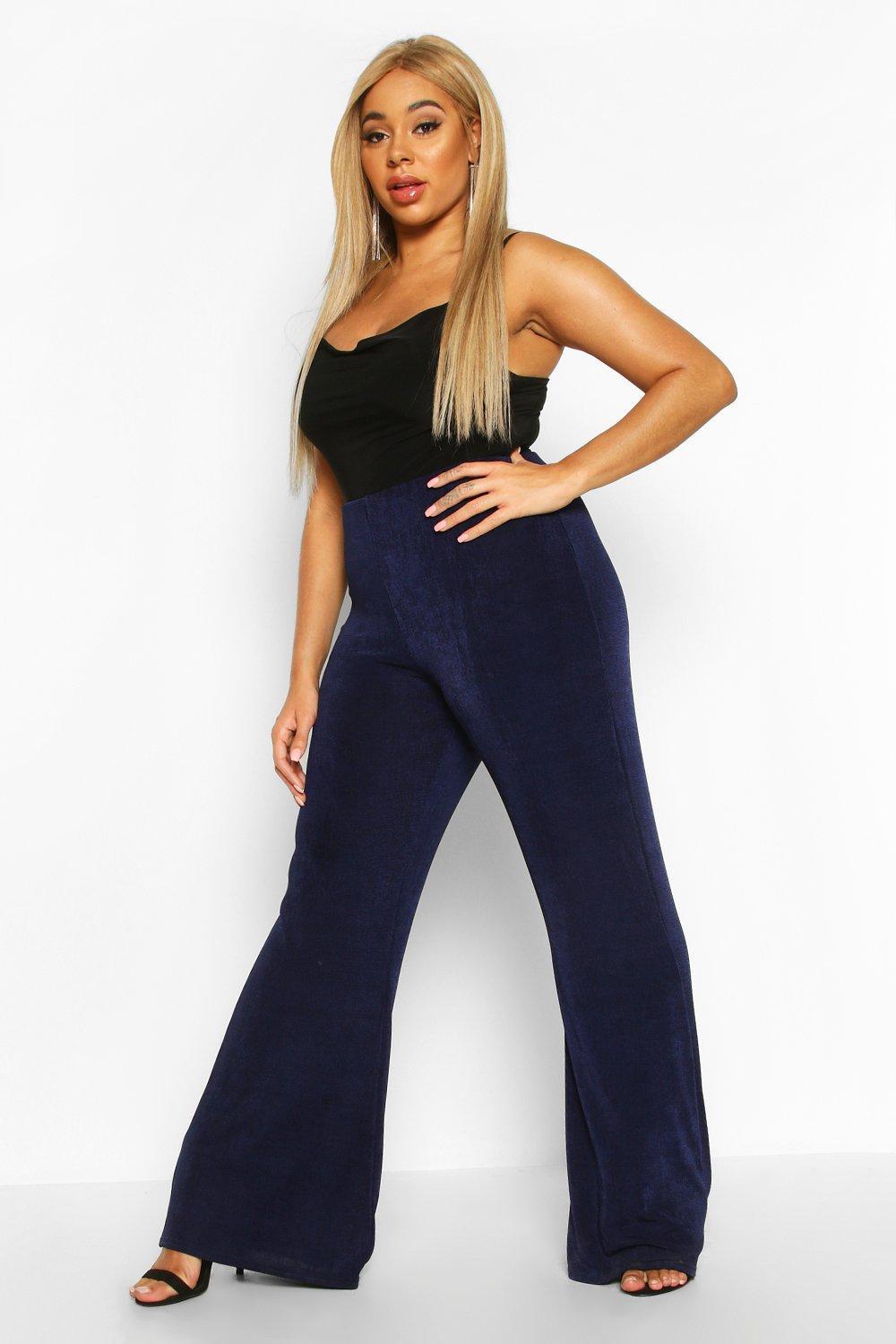 Boohoo Womens Plus Slinky High Waist Flared Pants In Navy Blue Lyst 