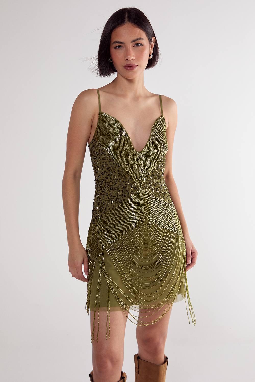 nasty gal green sequin dress Mix Loop Tassel Wired Plunge Mini in free people dress