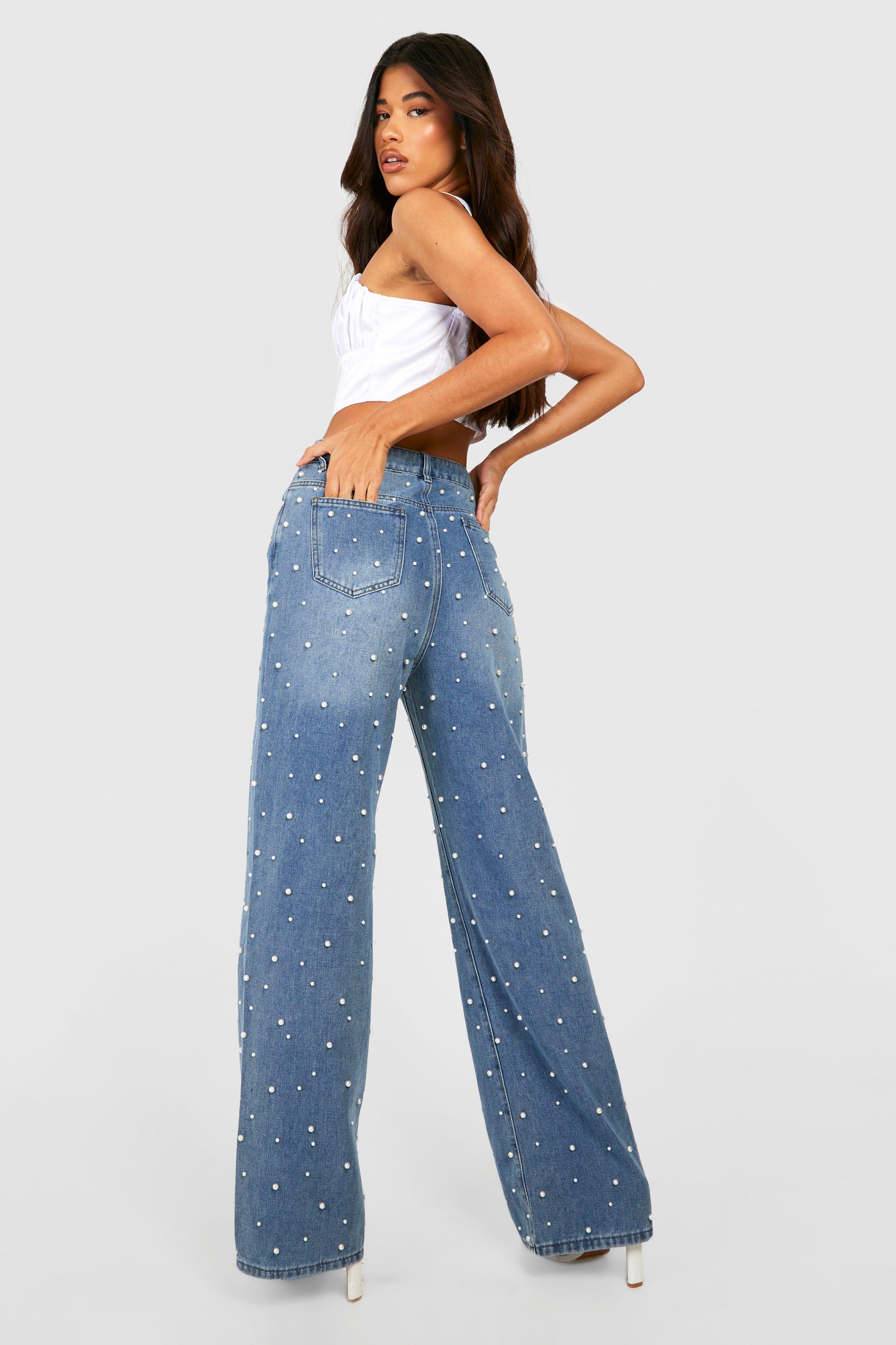 Boohoo Tall Pearl Embellished Mid Rise Jeans in Blue | Lyst