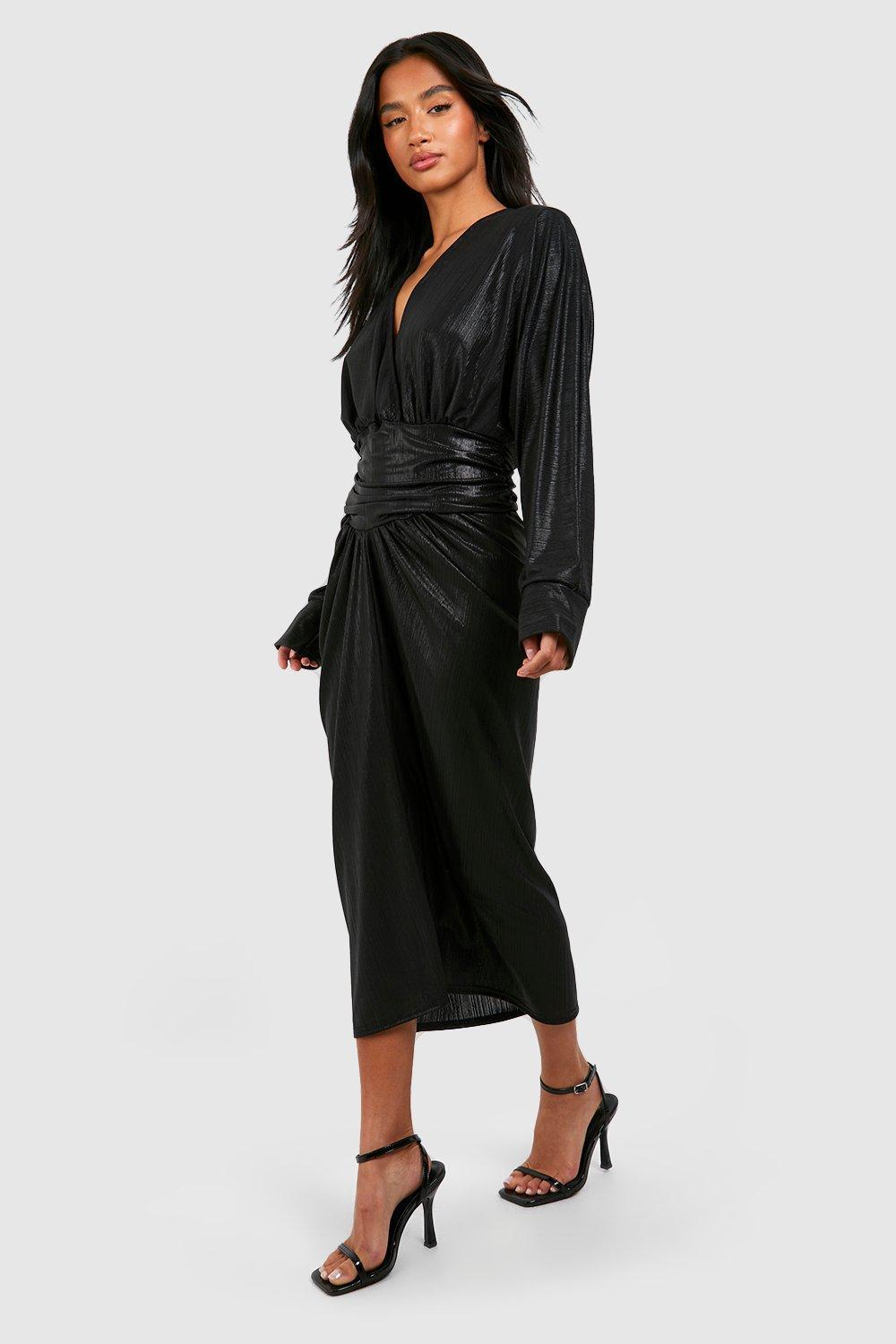 Boohoo Petite Plunge Wrap Foil Midi Dress in Black Lyst Canada