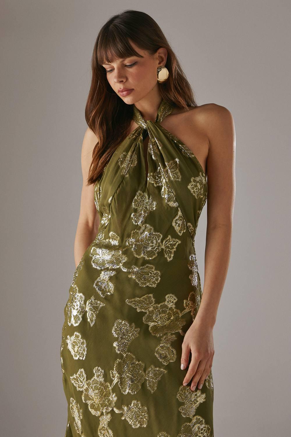green metallic wrap dress Adrianna Papell Women's Metallic Crinkle Gown - Mint/Gold main image 1