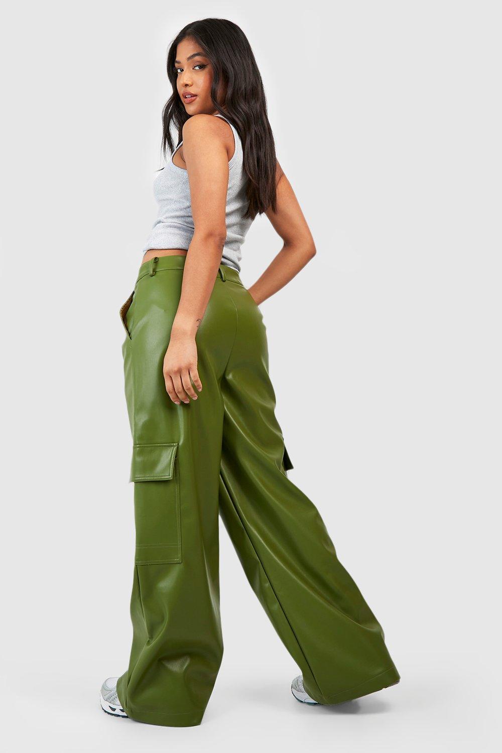 Boohoo Petite Leather Look High Waisted Cargo Trousers in Green