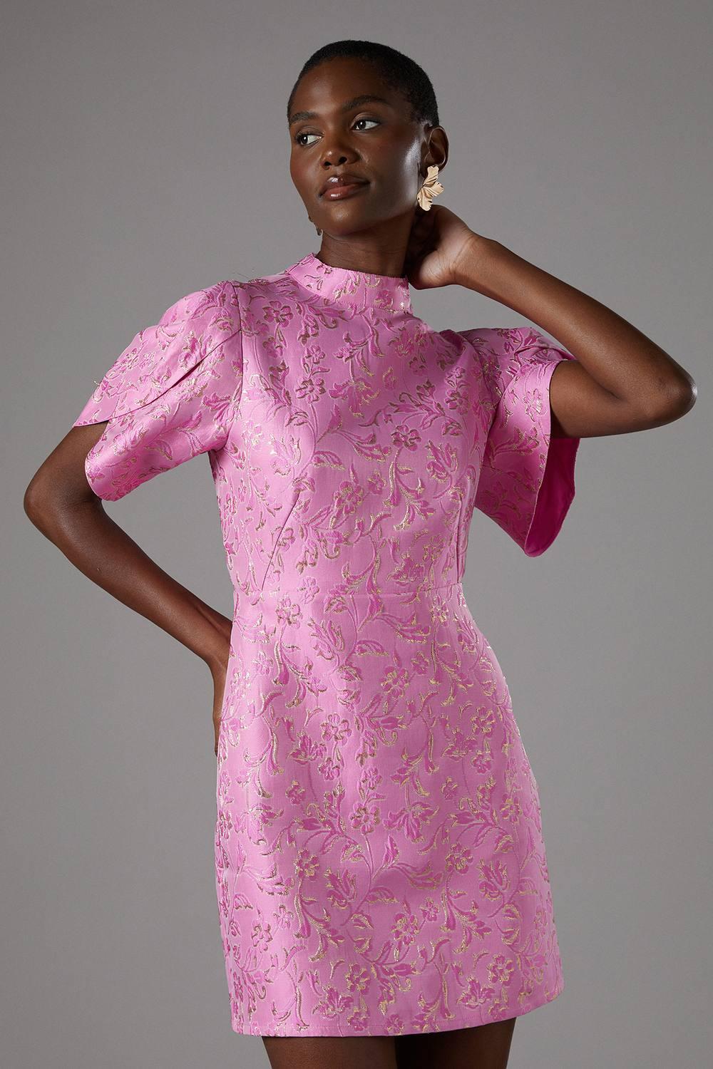 Coast Metallic Puff Sleeve Jacquard Mini Dress in Pink | Lyst