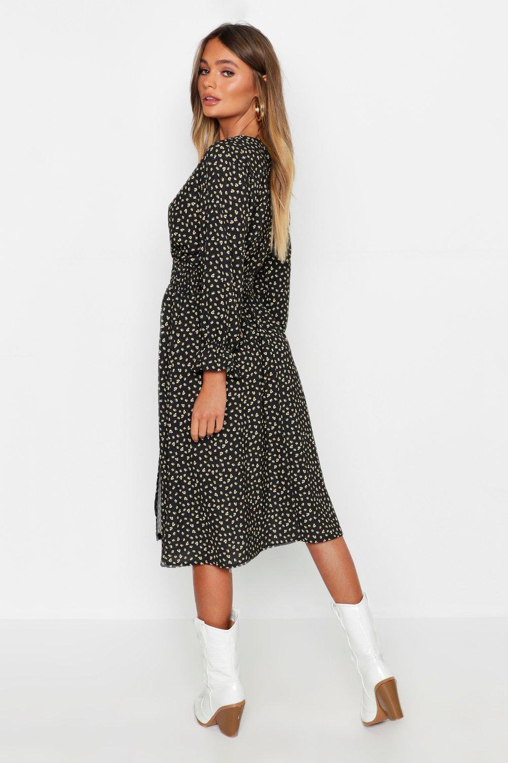 Boohoo Boho Ditsy Floral Split Front Midi Dress in Black - Lyst