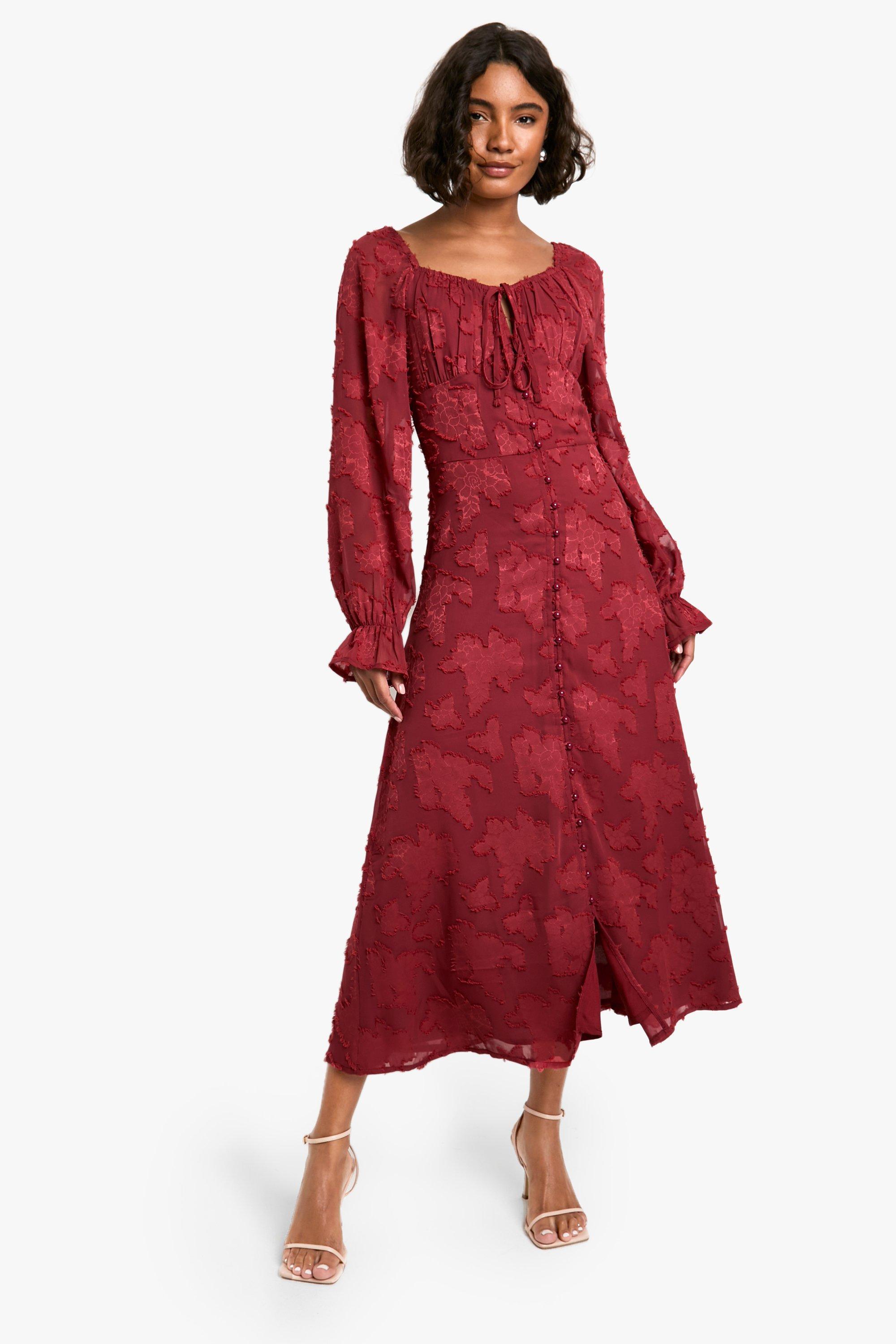 Boohoo Tall Burnout Floral Milkmaid Skater Dress in Red | Lyst Canada