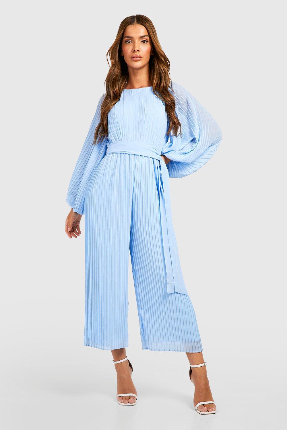 Boohoo Pleated Long Sleeve Culotte Jumpsuit in Blue | Lyst