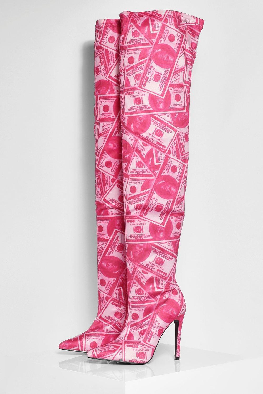 Boohoo Halloween Money Print Over The Knee Boots in Pink | Lyst