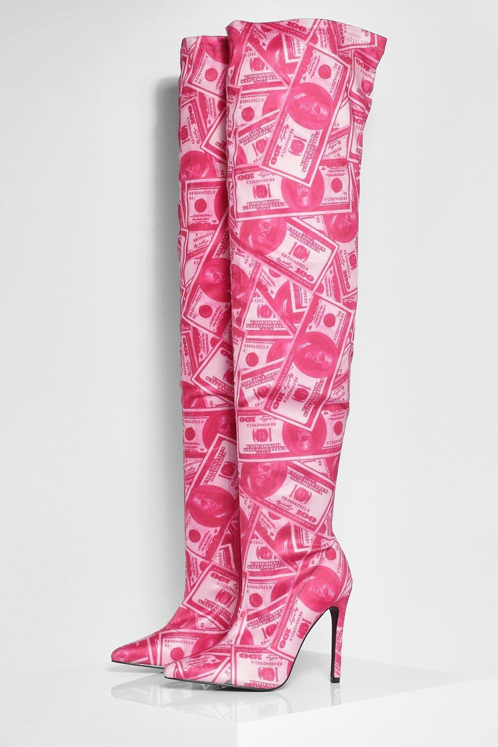 Money Print Over The Knee Boots in Pink 