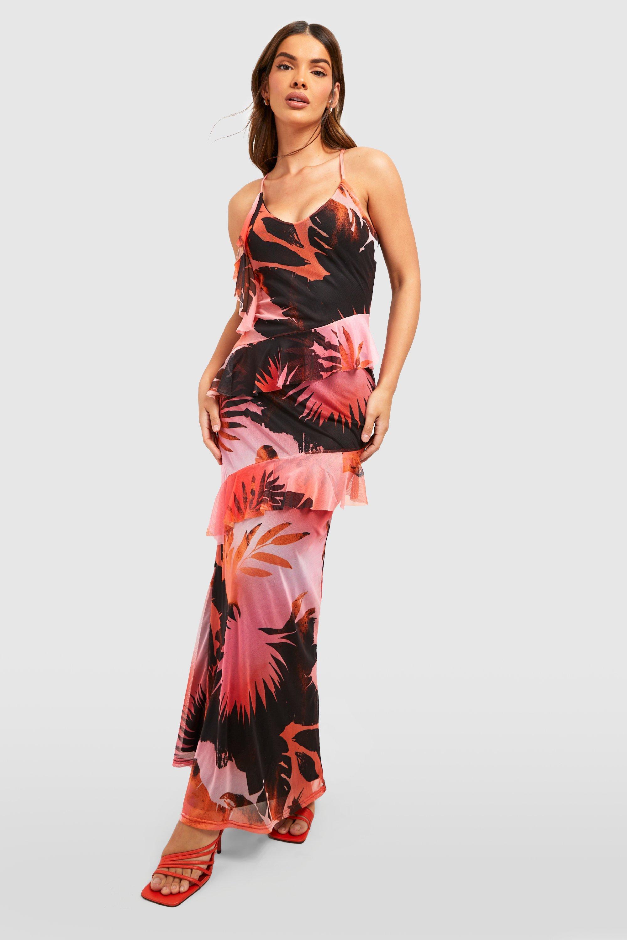 Boohoo Abstract Palm Print Ruffle Mesh Maxi Dress in Red | Lyst UK
