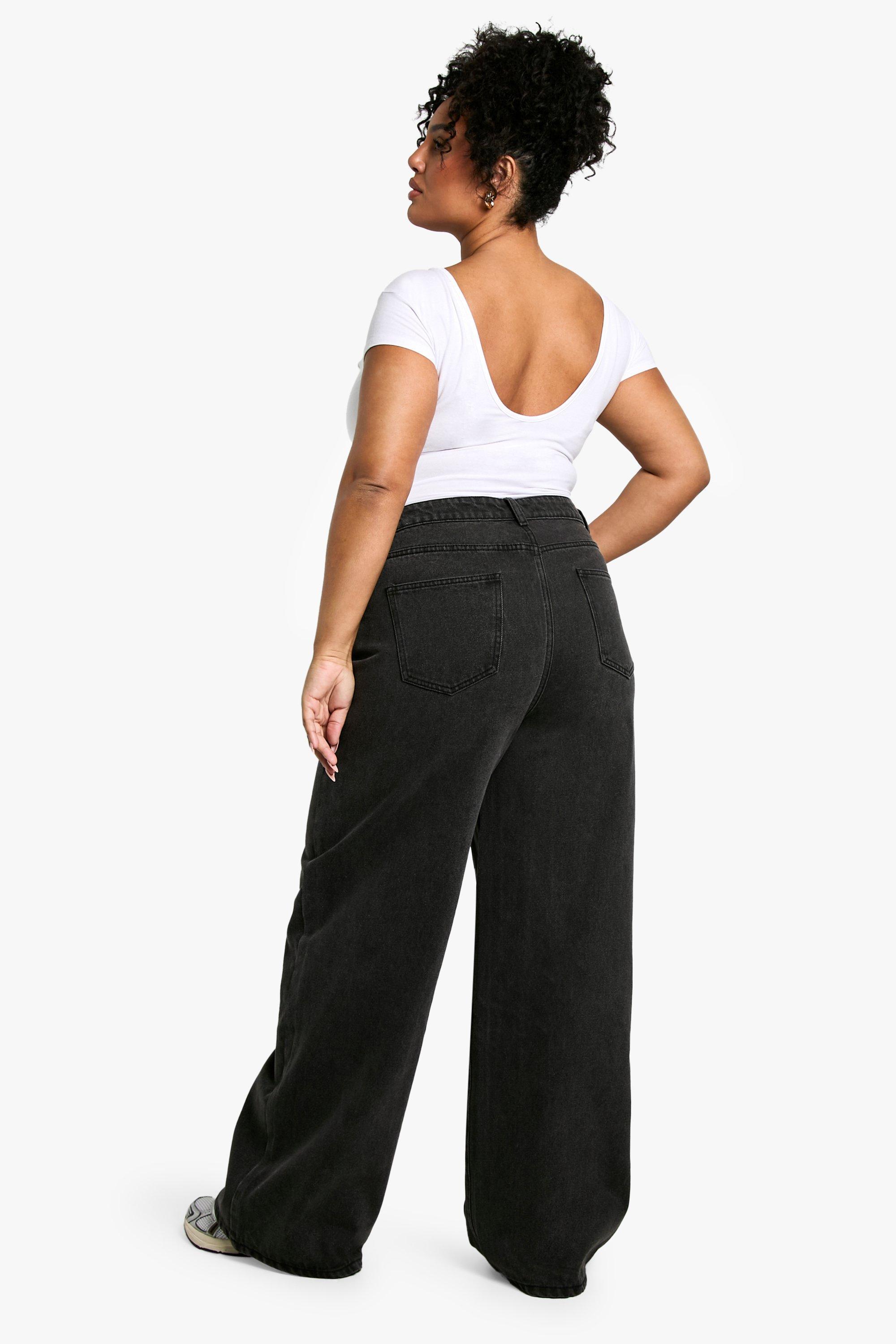 Boohoo Basics Plus High Waisted Super Wide Leg Jeans in Black | Lyst